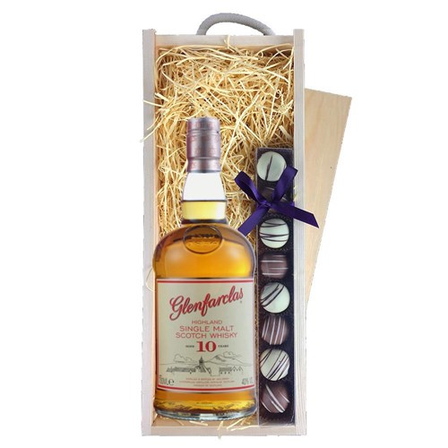 Glenfarclas 10 Year Old 70cl & Heart Truffles, Wooden Box